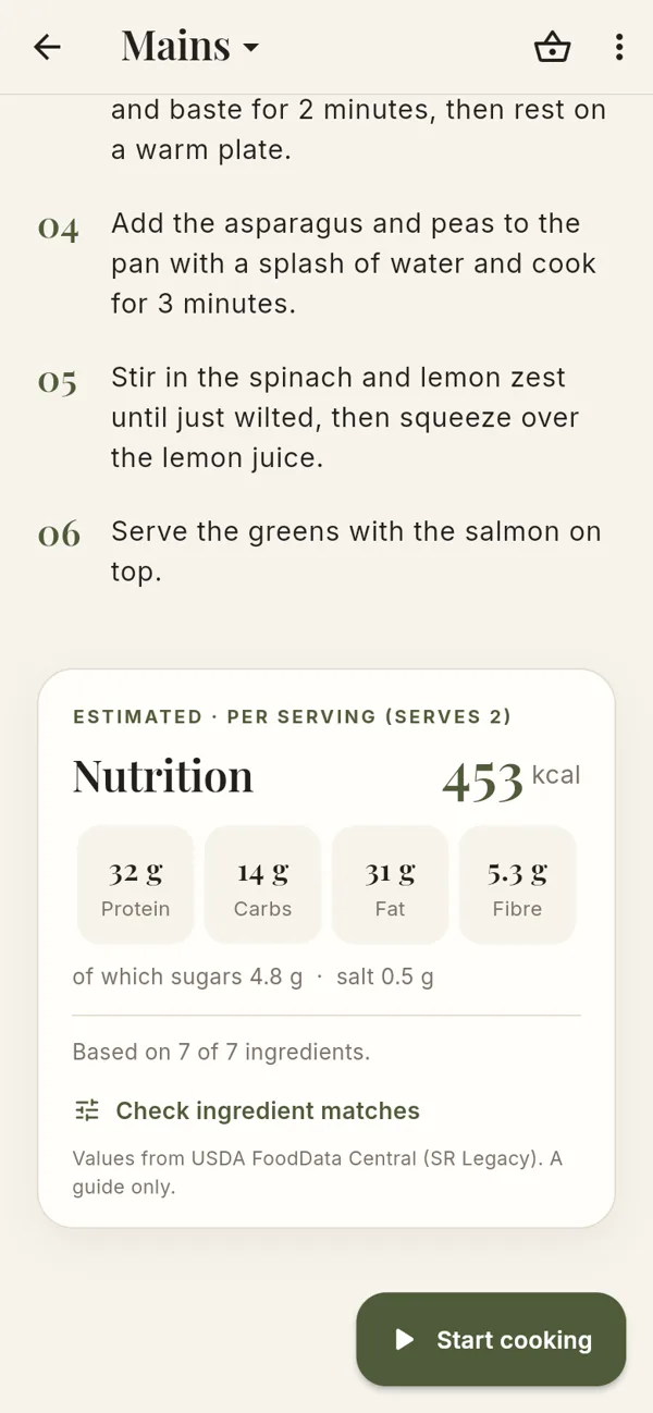 Nutrition per serving – screenshot of the app